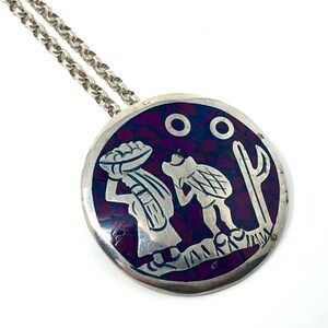 Vintage Taxco Mexico 925 silver and mosaic pendant / brooch on 835 silver chain